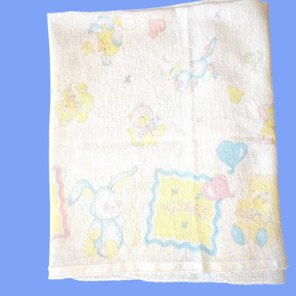 Vintage Baby Receiving Blanket Pastel Animals Hugs Kisses Bunny Kitty Dog Hearts